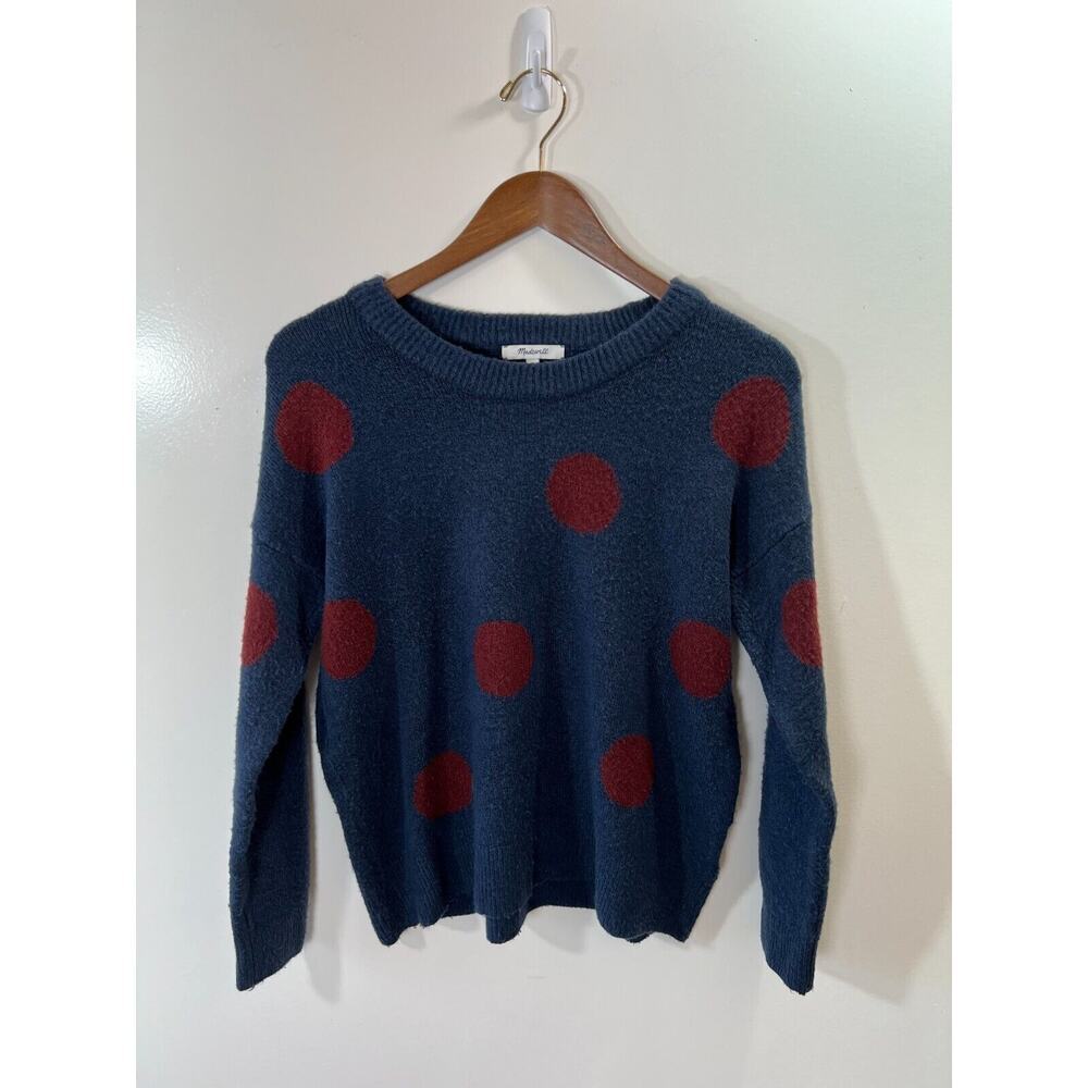 Madewell Women's Wool Sweater Size XS Navy Burgundy Polka Dot Preppy Warm Cozy